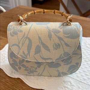 Floral Blue and Cream Handbag with Bamboo Handle
